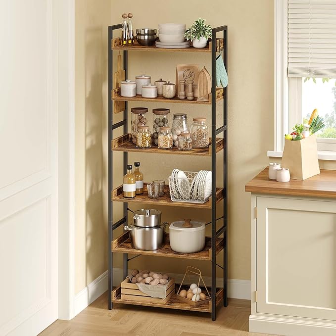 Rolanstar Bookshelf 6 Tier with 4 Hooks, Industrial Bookcase, Vintage Storage Rack with Open Shelves, Rustic Standing Bookshelves Metal Frame Display Rack for Living Room, Bedroom, Rustic Brown
