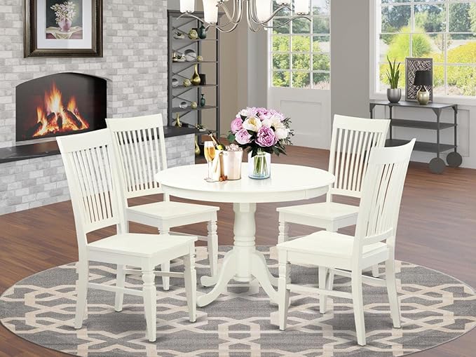 East West Furniture HLWE5-LWH-W 5 Piece Dining Set Includes a Round Dining Table with Pedestal and 4 Kitchen Chairs, 42x42 Inch, Linen White