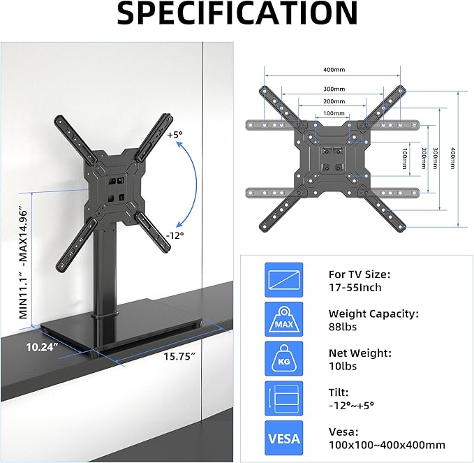 Universal TV Stand Base, Table Top TV Stand for 17-55 Inch LCD/LED TVs, Height Adjustable Monitor Mount Stand with Tempered Glass Base Holds up to 88lbs VESA 400x400mm, TS102