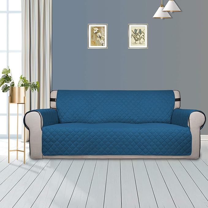 PureFit Reversible Sofa Couch Cover Water Resistant Couch Covers for 3 Cushion, Washable Furniture Cover with Non-Slip Foam and Adjustable Strap for Dogs, Pets (Sofa, Peacock Blue/Ivory)