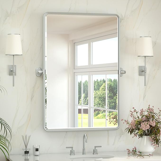 Keonjinn 24 x 36 in Silver Pivot Mirror, Satin Nickel Beveled Tilt Mirror Bathroom Rectangle, Adjustable Tilted Mirrors Bathroom for Over Sink, Framed Vanity Mirrors for Wall (Horizontal/Vertical)