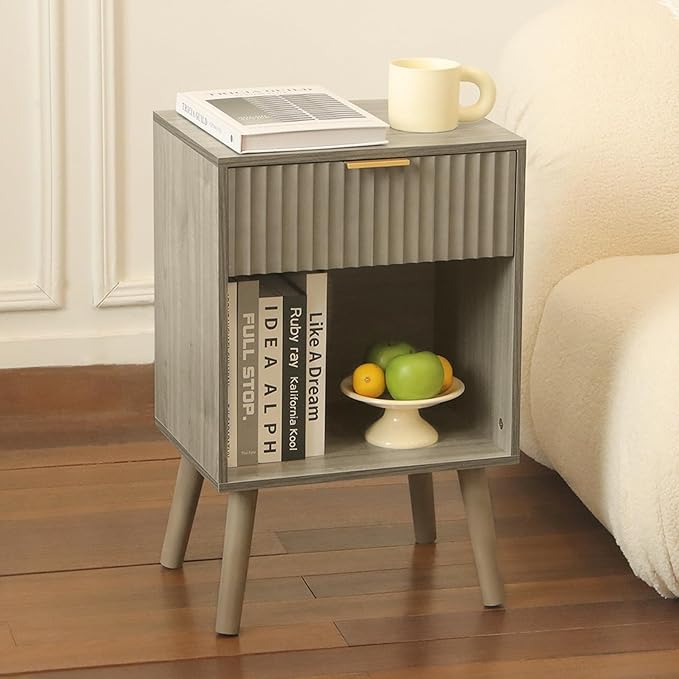 Mid Century Modern Nightstand, Wood Bedside Table with Drawer and Opening Storage, End Table Living Room Fluted Night Stand with Solid Wood Legs for Bedroom (Grey)