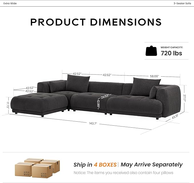 COLAMY 144" Modular Sectional Chenille Couch with Ottoman, Cloud Sectional Sofa Set with Ottoman,for Living Room(Gray)