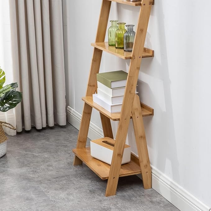 Maydear Bamboo Ladder Shelf Bookcase, 4-Tier Leaning Bookshelf Free Standing Organizer Storage Shelves for Living Room, Bedroom, Kitchen, Home Office, Balcony, Wood Color