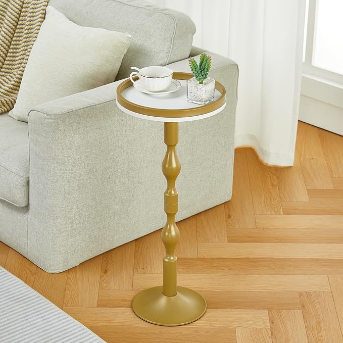 Small Round Drink Table,Pedestal Tables,Small Round Side Table for Narrow Spaces,End Table for Living Room, Bedroom, Bathroom,Balcony (White Gold)