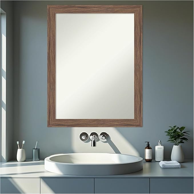 Amanti Art Brown Bathroom Mirror for Over Sink, 27x21 Pia Medium Brown Narrow Rectangle Vanity Mirror, Medium Casual Frame, Hangs Horizonally and Vertically, Bathroom Wall Decor, Non-Beveled Edge