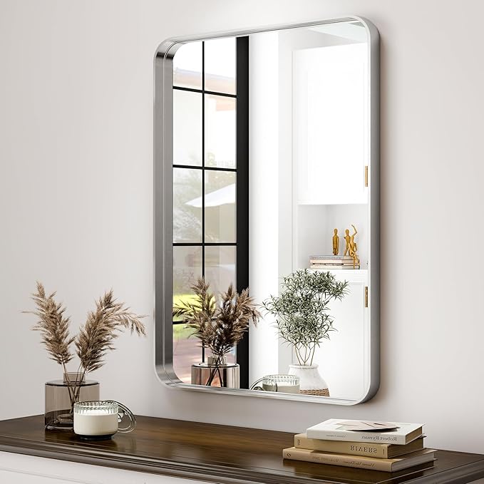 Silver Bathroom Mirror for Wall, 36x24 Inch Rectangular Aluminum Alloy Framed Mirror, Modern Wall Mounted Vanity Mirror for Bathroom, Vertical or Horizontal