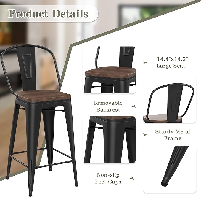 Yongqiang Black Metal Bar Stools Set of 4 Bar Height Stools Kitchen Island Barstools Industrial High Back Bar Chairs with Large Wooden Seat 30 inch