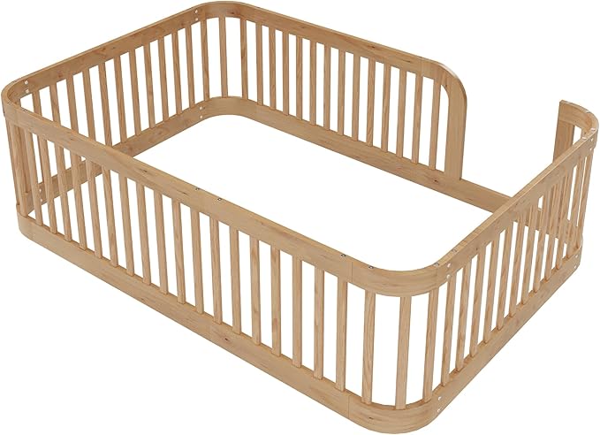 Full Floor Bed with High Fence and Rounded Corner Design, Montessori Floor Bed Frame with Guardrail and Entrance, Easy Assemble Montessori Beds Full Size, Natural