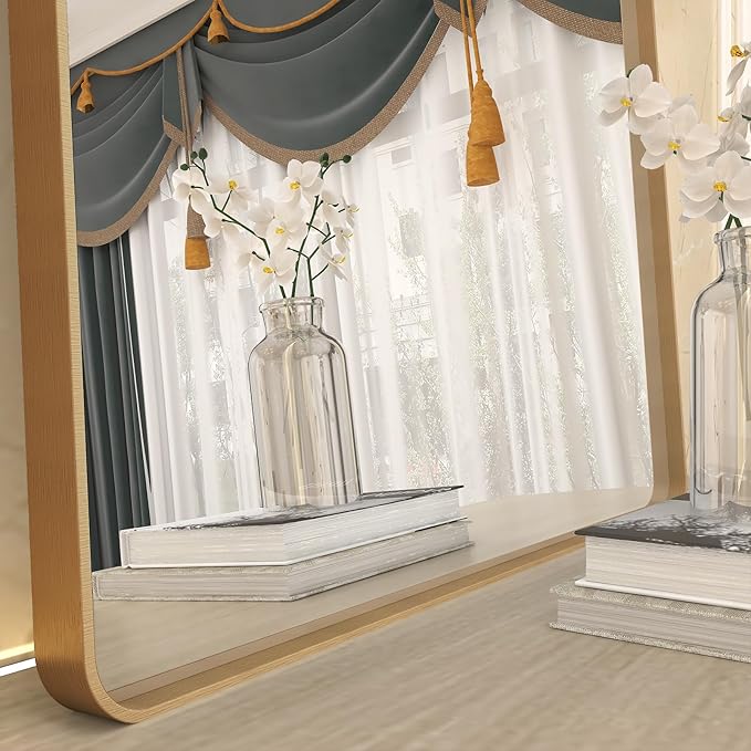 55x30 Gold Bathroom Mirror, Brushed Metal Frame Gold Vanity Mirror, Large Rectangle Mirror for Wall, Rounded Corner, Shatterproof, Anti-Rust (Horizontal/Vertical)