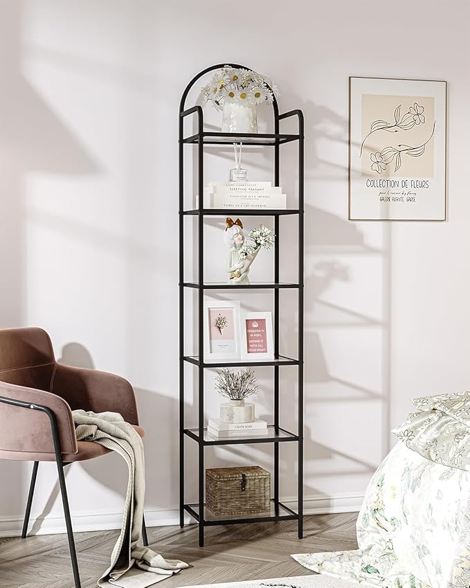 Bookcase Bookshelf, Tempered Glass Bookshelves, Slim Shelving Unit for Bedroom, Bathroom, Home Office, Steel Frame, 6 Tier Black BC10601B
