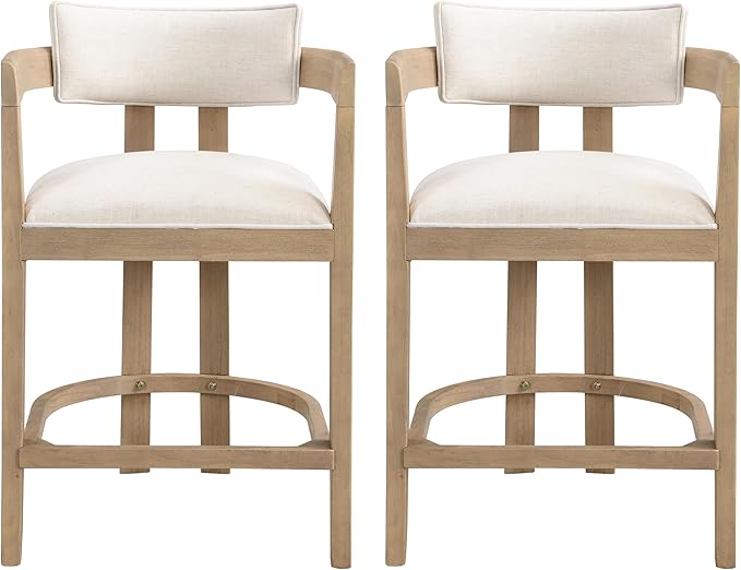 Christopher Knight Home Set of 2 Ryland Modern 26" Counter Height Bar Stools, Fabric Upholstered Counter Stools,Wooden Kitchen Island Armchair with Footrest, Round Backrest, Soft Seating,Beige+Natural