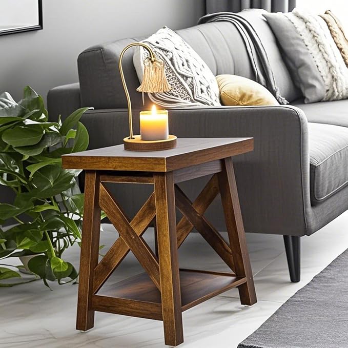 Rustic End Table, Farmhouse Side Table with Storage Shelf, Wood Side Table for Living Room, Accent Table for Small Spaces, Brown