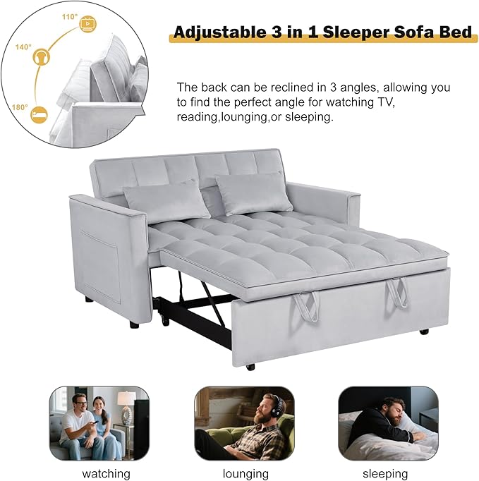 3 in1 Sofa Bed, Pull-Out Sleeper Sofa Bed with 3-Level Adjustable Backrest, Velvet Fabric Convertible Love Seat Sleepers Beds for Living Room & Bedroom & Apartment, Gray