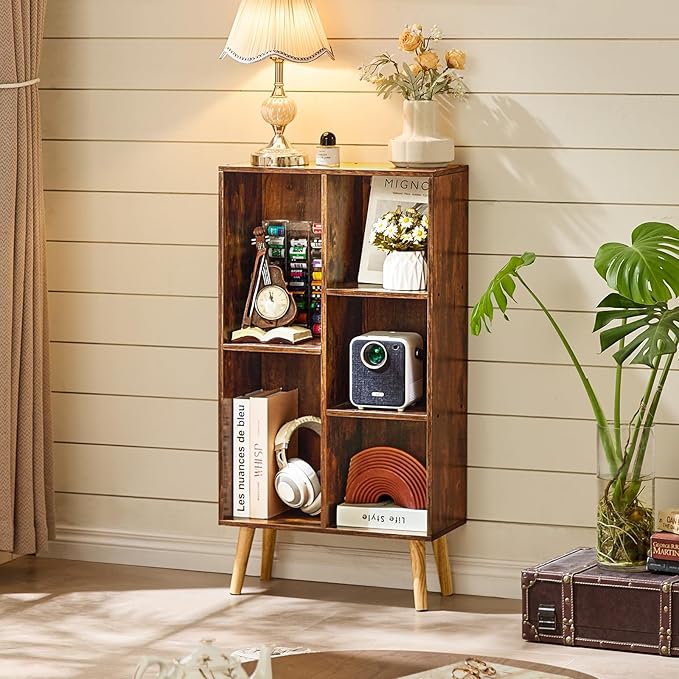 LEYAOYAO 5 Cube Small Bookshelf,3 Tier Mid-Century Bookcase with Legs,Wood Bookshelves Storage Organizer Shelf,Narrow Book Shelves,Brown Bookcases