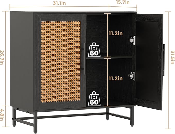 KFO Storage Cabinet with Rattan Doors, Free Standing Buffet Cabinet, Modern Sideboard for Living Room, Hallyway, Entryway