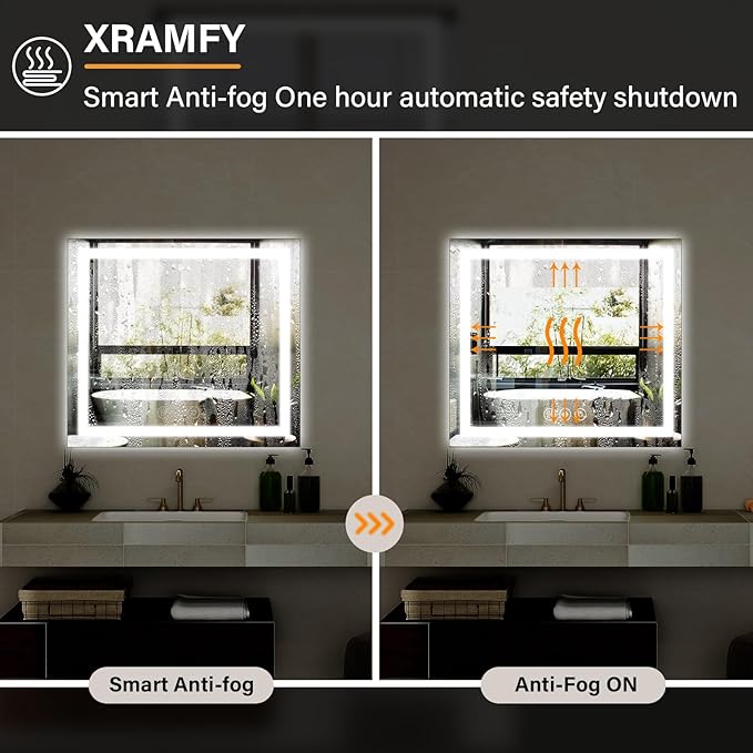 40"x 40" LED Bathroom Mirror, Backlit + Front Lit, LED Bathroom Mirror with Lights for Wall, 3 Colors, Anti-Fog, Dimmable Brightness, Memory Function, Tempered Glass