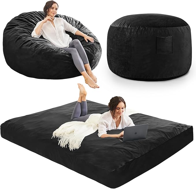 Bean Bag Chairs for Adults - Giant Bean Bag Chair Convertible Bean Bag Bed - Beanbag Chair with Micro Fiber Cover/Furniture Foam Filler - Floor Couch Sofa in Bedroom Dorm Room - Queen Carbon Black
