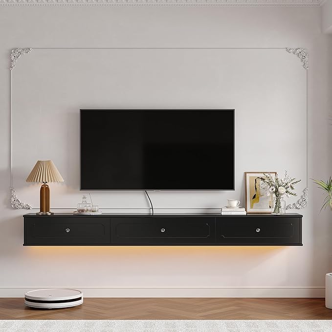 Retro Floating TV Console with 3 Doors,47'' High Gloss Floating TV Stand,Wall Mounted TV Cabinet,Contemporary Floating Media Console for Under TV Storage,Living Room,Bedroom(Black)