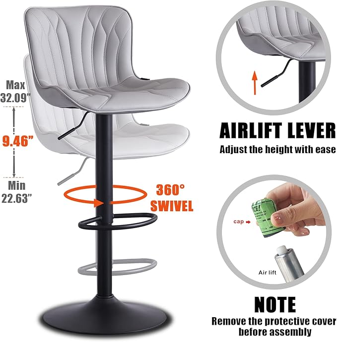 YOUNIKE Grey Bar Stools Set of 2 Modern Kitchen Counter Height Bar Chairs with Backs Faux Leather Upholstered Barstools Swivel Tall Adjustable Padded Breakfast Island Chair with Sturdy Metal Leg