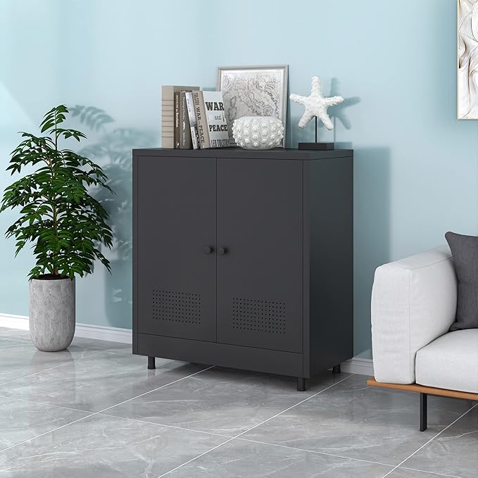 Metal Storage Cabinet with 2 Doors and Adjustable Shelf, Steel Accent Sideboard Buffet Cabinet for Home, Office, Garage, Entryway, Living Room, Kitchen Pantry and Dining Room (Black)