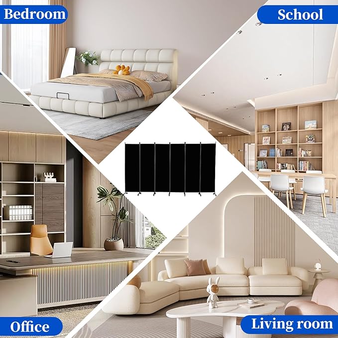 Room Divider 6FT Room Partition with Lockable Wheels, 6 Panel (Thicked Metal Base) Room Dividers, Freestanding Indoor Folding Privacy Screens, Portable Fabric Wall Divider for Room Separation, Black