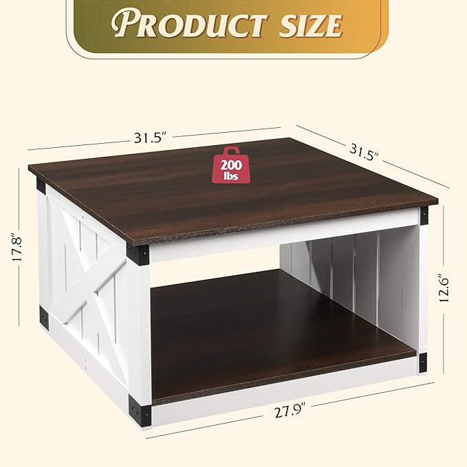 WLIVE Coffee Table, Farmhouse Coffee Table with Open Storage, 31.5" Wood Square Living Room Tables, Rustic Dining Cocktail Center Table for Living Room, Espresso