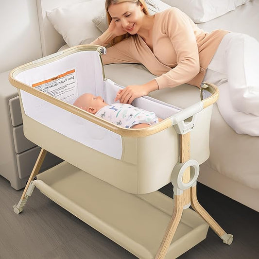 Larex Baby Bassinet, Baby Bassinet Bedside Sleeper with Storage Basket and Wheels, Height Adjustable Portable Crib for Newborn Infant, Easy Assemble and Folding(Khaki)