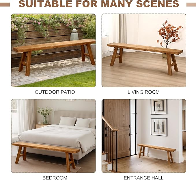 Farmhouse Solid Wood Bench: Long Rustic Indoor Narrow Wooden Bench for Entryway,Living Room, Dining Room,End of Bed,Hallway (59" Lx10 Wx18 H)