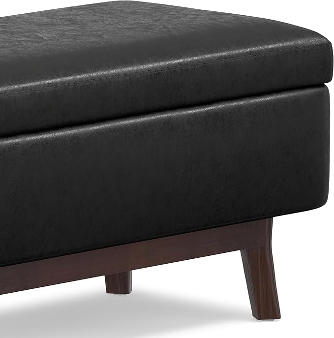 SIMPLIHOME Owen 36 inch Wide Mid Century Modern Small Rectangular Storage Ottoman in Distressed Black Vegan Faux Leather, Assembled, For the Living Room, Entryway and Family Room