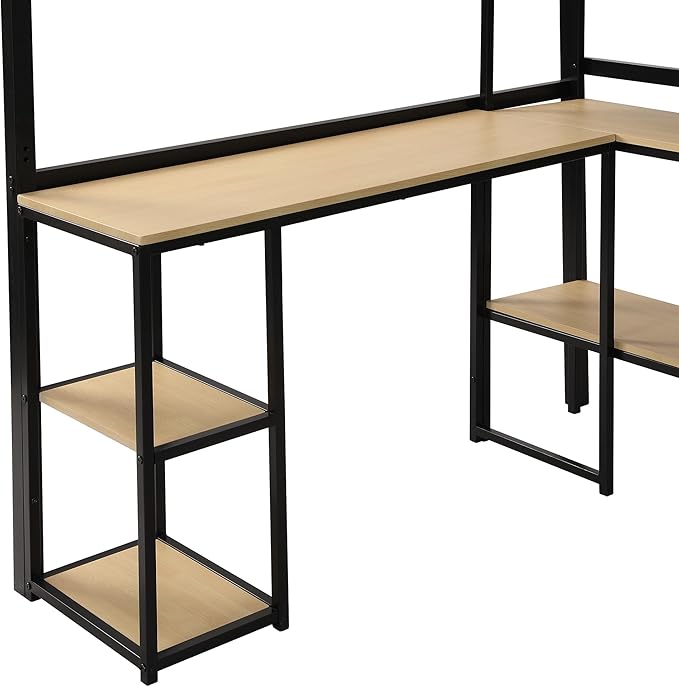 Full Size Metal Loft Bed with Staircase,Full-Length Guardrails,a Built-in Desk and a 3-Tier Shelf,No Box Spring Needed,Noise Free,for Juniors&Adults,Black