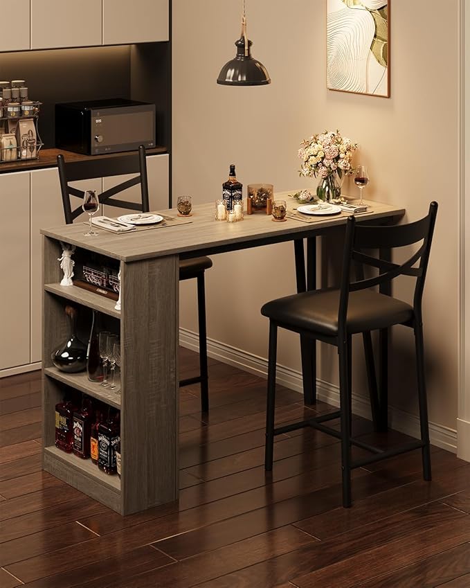 GAOMON 3 Piece Bar Table Set for 2, Bar Table and Chairs Set with with Flip Top Extension, Dining Table Set with Storage Shelves, Suitable for Small Space Kitchen Apartment, Grey