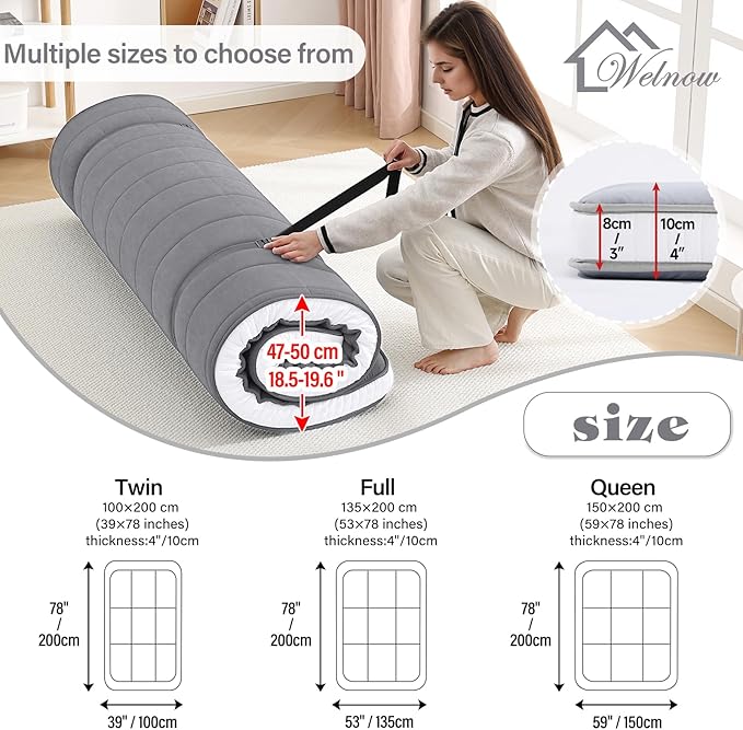 Welnow Japanese Futon Floor Mattress, Twin Size Thick Tatami Mat Portable & Foldable Roll Up Floor Bed Mattress with Storage Bag, Sleeping Pad for Adults, Dorm, Guest Bed, Camping and Travel, Grey