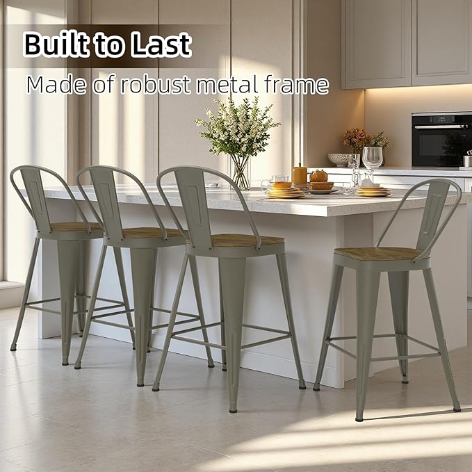 Metal Bar Stools Set of 4, High Back Bar Stools with Wooden Seat, 30 inch Rusty Barstools for Kitchen Island