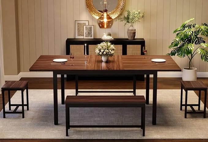 IDEALHOUSE 5-Piece Extendable Dining Table Set for 4-8 People, 63 Inch Kitchen Table with 2 Benches & 2 Stools, Space Saving Modern Dining Room Furniture, Easy Assembly, Brown