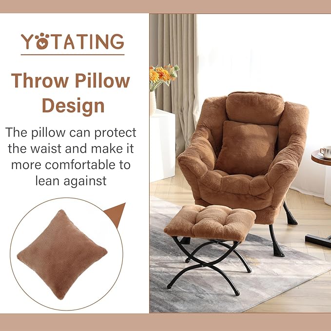 Lazy Chair with Ottoman, Comfy Reading Lounge Chair with Footstool & Throw Pillow Modern with Armrests & Side Pocket for Living Room, Bedroom, Dorm Room, Plush Brown