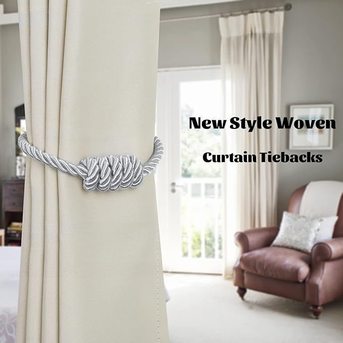 BEL AVENIR Magnetic Curtain Tiebacks, Decorative Drapery Holdbacks Modern Woven Tie-Backs with Exquisite Knot (Sliver, 4 Pack)