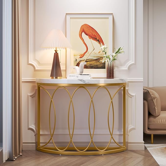 LITTLE TREE Half Moon Gold Console Table, 43 Inch Modern Faux Marble Entryway Table, Narrow Semi Circle Sofa Accent Table with Geometric Metal Frame for Living Room, Hallway