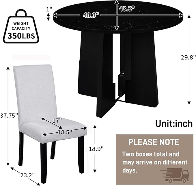 Ball & Cast Dining Table Set for 4 W/ 4 Upholstered Chairs,5 Piece Dining Table W/ 43" Round Faux Marble Table,Kitchen Table and Chairs for Living Room,Dining Room,Restaurant,Beige+Black