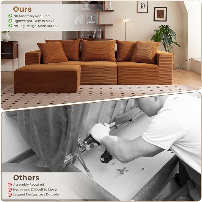 Modular Sectional Sofa, 108" L-Shaped Boneless Couch with Deep Seat, Corduroy Cloud Couch for Living Room, Bedroom, No Assembly Required, Ship in a Box, Orange