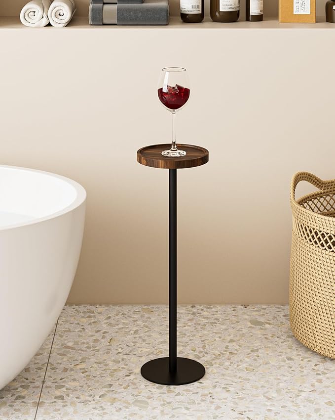 Drink Table, Small Pedestal Side Table, Round Cocktail Table, Circle Accent End Table with Metal Base, for Small Spaces (1, Brown Walnut)