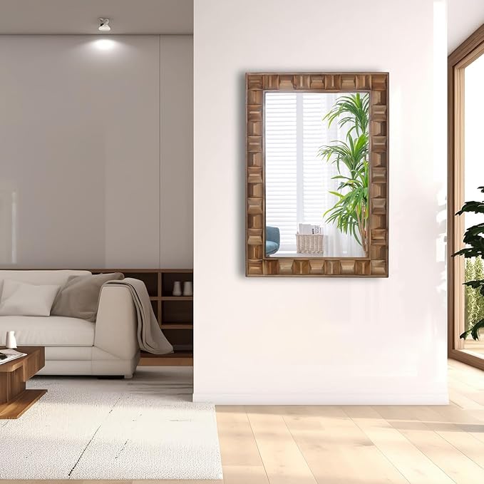 22x30 Inch Farmhouse Rectangular Wall Mirror, Rustic Wooden Frame Decorative Mirror for Bathroom Vanity, Bedroom, Living Room & Entryway – Vertical or Horizontal Hanging