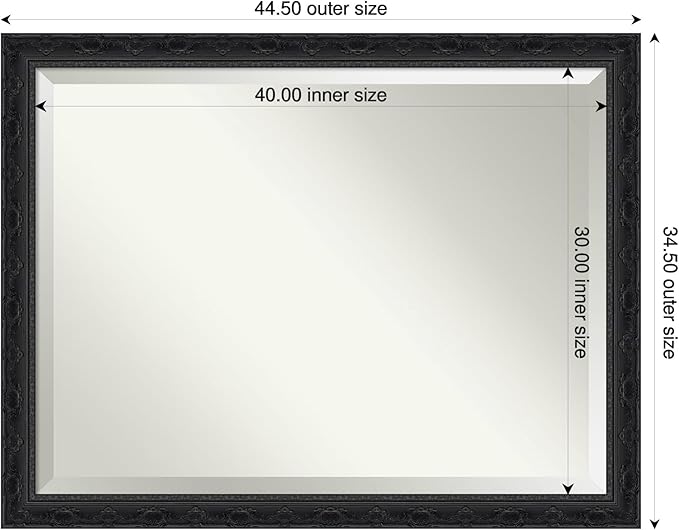 Amanti Art Bathroom Mirror for Over Sink, 35x45 Filigree Gloss Black Rectangle Vanity Mirror, X-Large Traditional Frame, Hangs Horizonally and Vertically, Bathroom Wall Decor, Beveled Edge