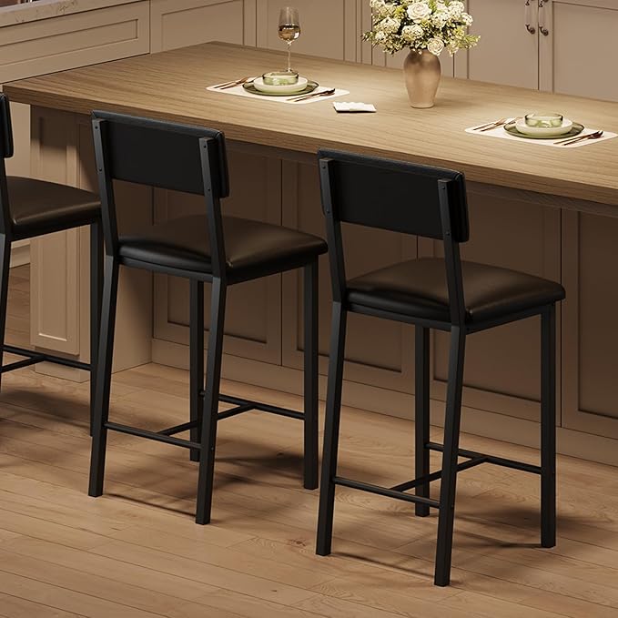 GarveeHome Bar Stools Set of 2, Counter Stools with Back and Thickened Metal Legs, Upholstered PU Leather Counter Height Barstools with Footrest, for Kitchen Island, Bar, Black