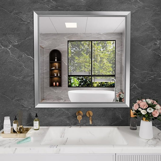 Amorho 36x36 Inch Bathroom Mirror Silver, Thick Metal Framed Wall Mirrors for Over Sink, Brushed Nickel Mirror Perfect for Bedroom, Living Room, Entryway, Rectangle (Horizontal/Vertical).