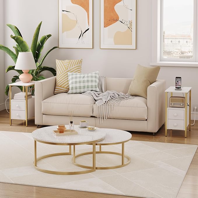 HOOBRO End Table with Charging Station, Narrow Side Table with 2 Drawer & USB Ports & Power Outlets, Nightstand for Small Spaces, Stable and Sturdy, for Living Room, Bedroom, Gold and White DW541BZ01