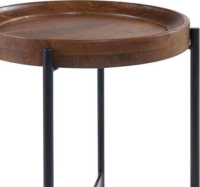 Alaterre Furniture Brookline 20" Round Wood End Table – Solid Top with Tray Edge and Black Metal Legs – Rustic Farmhouse Accent Table for Living Room, Bedroom, or Small Spaces (Medium Chestnut)