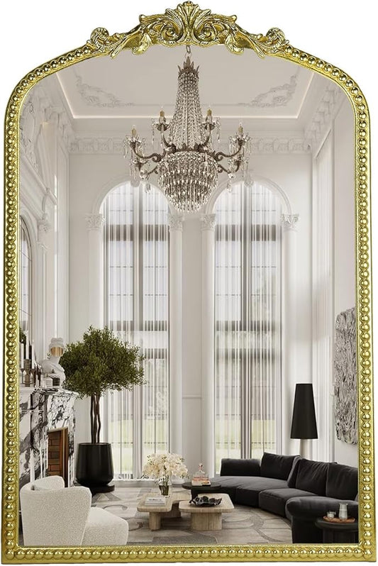 Gold Vintage Mirror, Arched Antique Mirror with Ornate Frame for Bathroom Wall, Living Room, Fireplace, 39.5x26 Inch.