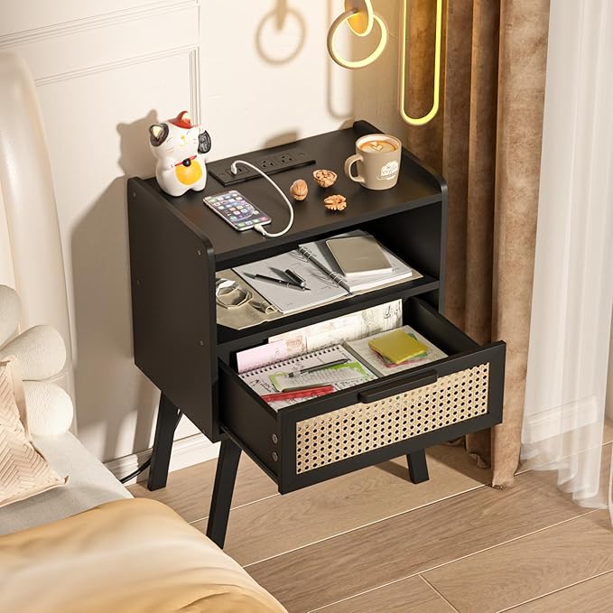 Lerliuo Rattan Nightstand with Charging Station, Black Bedside Table with Drawer Open Shelf, Cane Accent Side End Table with Solid Wood Legs, Night Stand for Bedroom, Dorm and Small Spaces