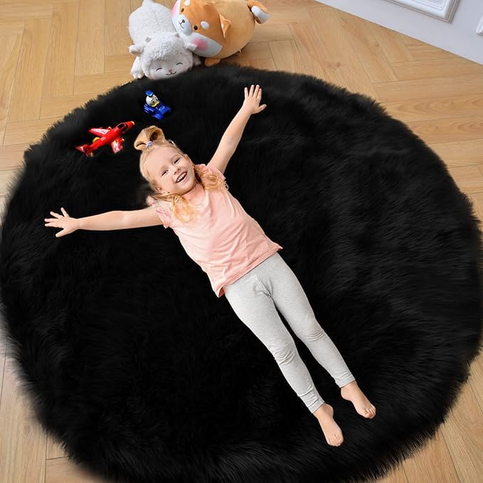 duduta Black Faux Sheepskin Round Rug 4x4 ft, Fluffy Shag Fur Bedroom Nursery Kids Playroom Rug Dorm Decor Non Slip Washable